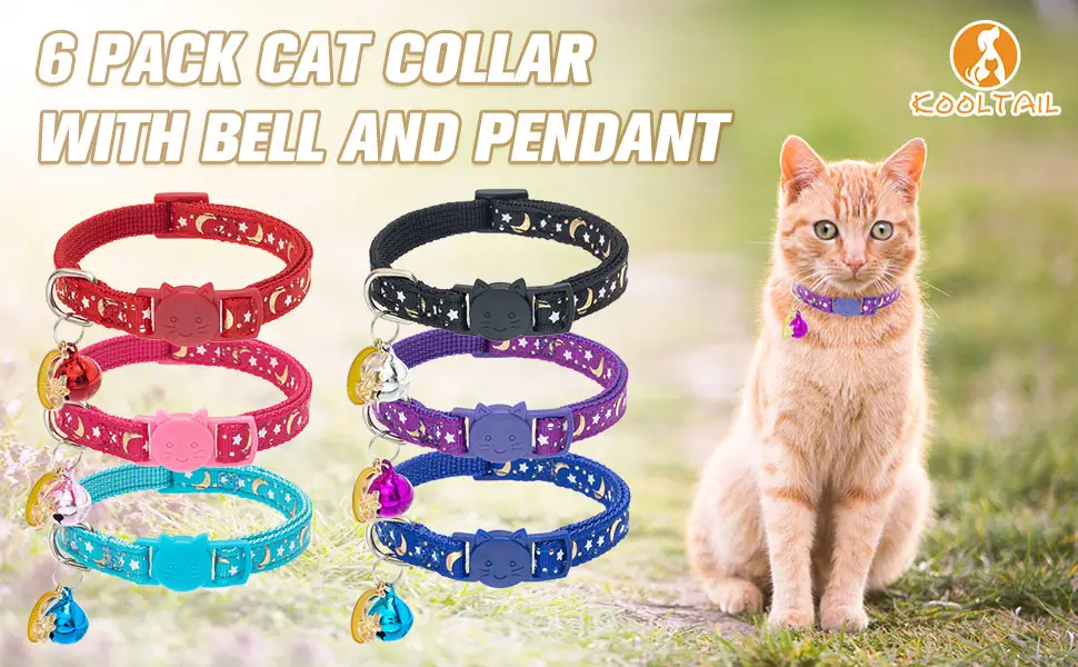 KOOLTAIL Cat Collar Breakaway with Bells - 6 Pack Glow in The Dark - Cute Pattern Pet Reflective Collars Ideal for Kitten Cats Puppy Star & Moon - product information 21