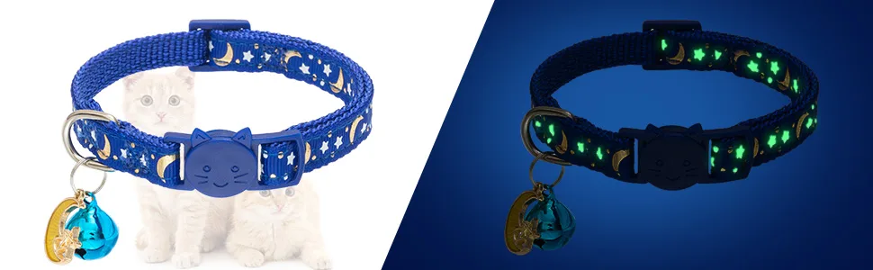 KOOLTAIL Cat Collar Breakaway with Bells - 6 Pack Glow in The Dark - Cute Pattern Pet Reflective Collars Ideal for Kitten Cats Puppy Star & Moon - product information 23