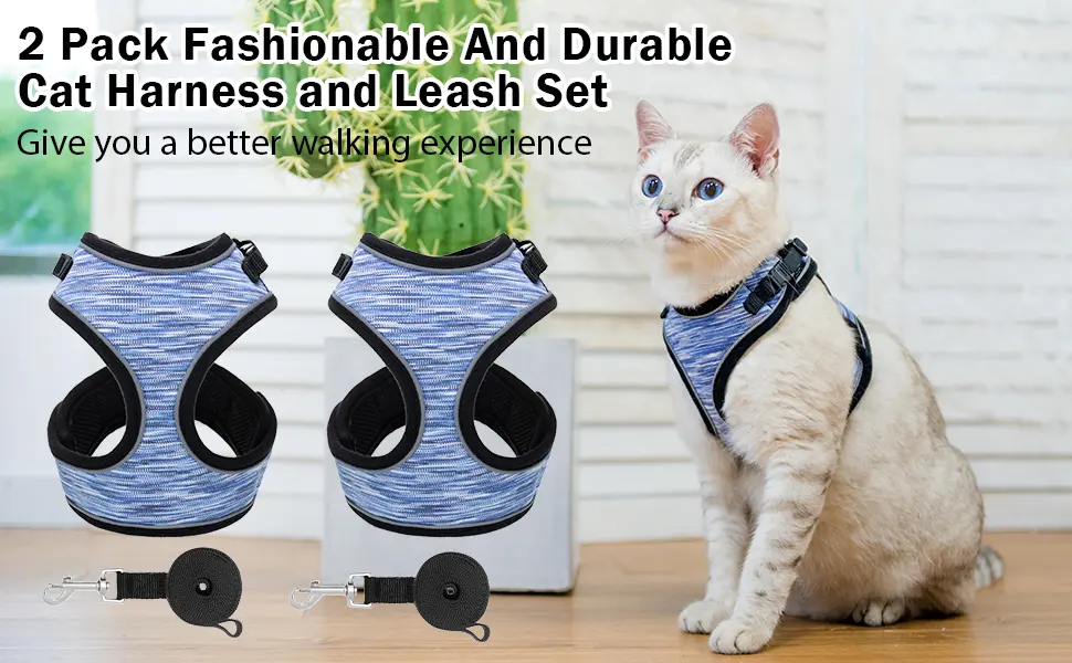 BINGPET Cat Vest Harnesses with Leash Set, 2 Pack Escape Proof Cat Harness, Adjustable Reflective Soft Mesh Vest Fit Puppy Kitten Rabbit's Outdoor Harness Medium Blue - product information 1