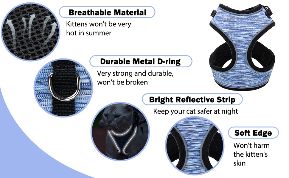 BINGPET Cat Vest Harnesses with Leash Set, 2 Pack Escape Proof Cat Harness, Adjustable Reflective Soft Mesh Vest Fit Puppy Kitten Rabbit's Outdoor Harness Medium Blue - product information 2