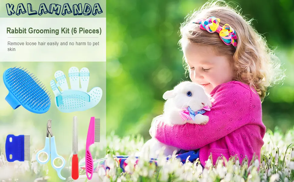Rabbit Grooming Kit, Rabbit Brush for Shedding with Bunny Nail Clipper, Rabbit Nail Trimmers with Pet Combs for Hamster Guinea Pig Ferret by KALAMANDA(6 Pack) - Rabbit Grooming Kit
