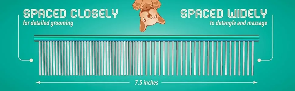 Ruff 'N Ruffus 2 PACK 2-in-1 Stainless Steel Professional Grade Pet Grooming Comb with Rounded Teeth For safe Grooming 7 1/2" - Comb Dimensions