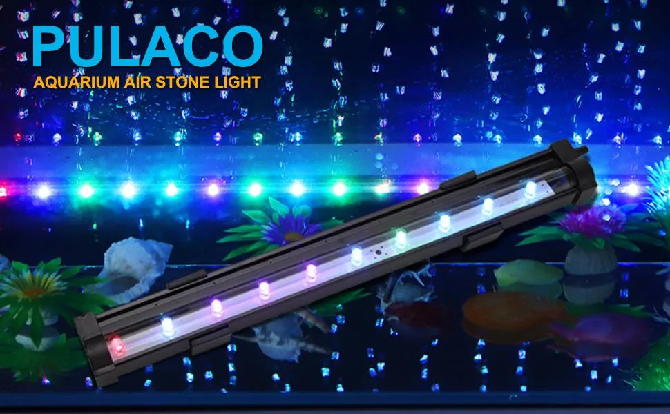 PULACO 2 Watt Aquarium Fish Tank Air Stone with Automatic Color Changing LED Light (Length -10" for Small Water Tanks) for Fish Tank Air Pump - aquarium light