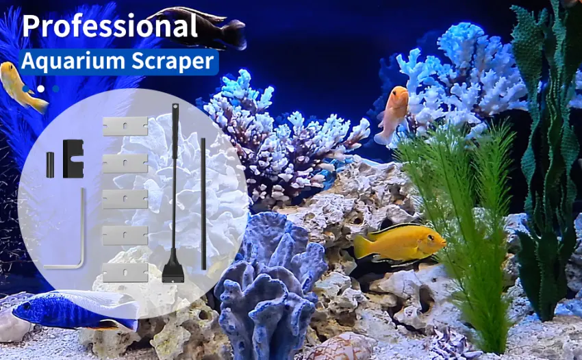 Faveetie Aquarium Algae Scraper for Glass Aquariums with 5 Replaceable Blades, Fish Tank Algae Scraper with Segmented Extension Rod, Aquarium Scraper Aquarium Cleaning Tools for Fish Reef Plant - product information 1