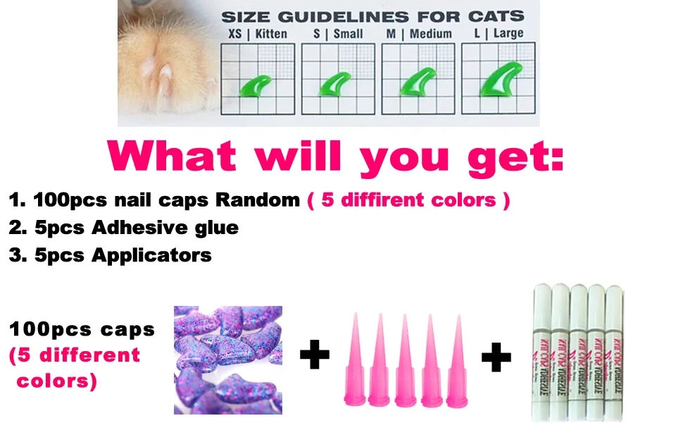 VICTHY 100 PCS Soft Pet Cat Nail Caps Cats Paws Grooming Nail Claws Caps Covers of 5 Random 5Pcs Adhesive Glue with 5pcs Applicators Medium - product information 5