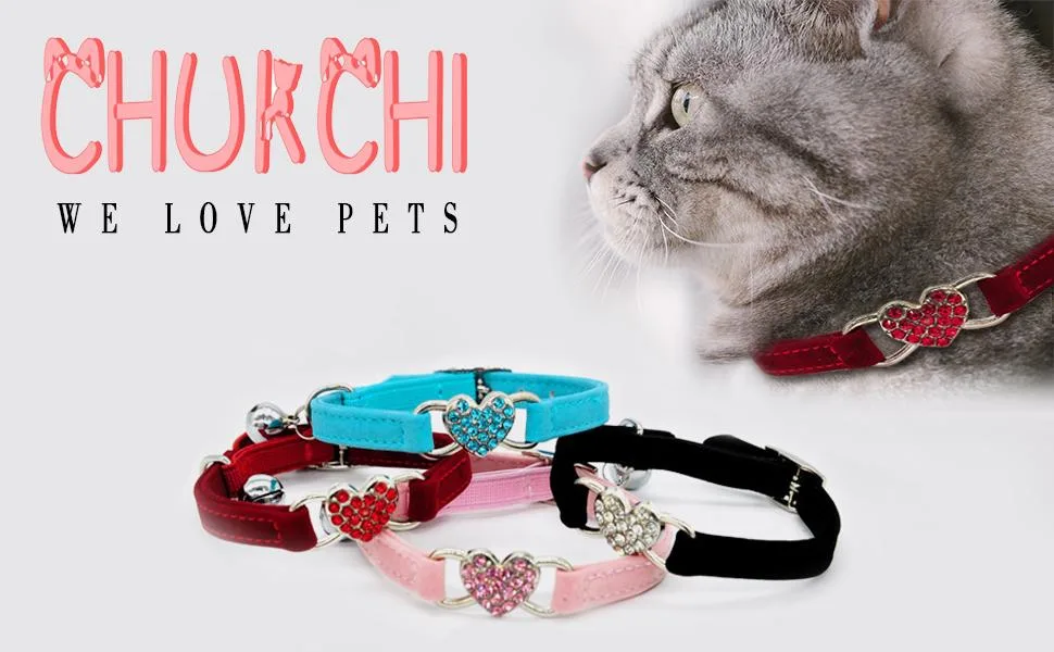 Chukchi Heart Bling Cat Collar with Safety Belt and Bell 8-11 Inches Pink - cat collar