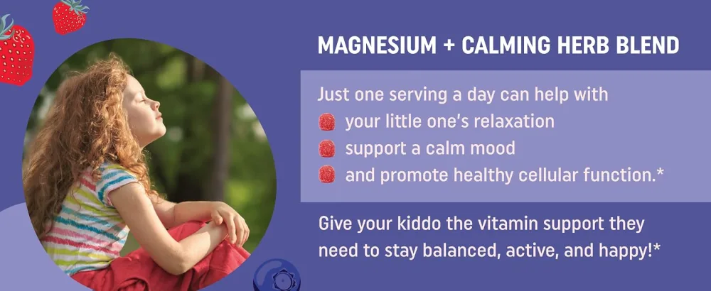 Magnesium Calming Gummies for Kids | Relaxing Magnesium for Kids | Calm Gummies for Natural Wake-Sleep Cycles with Chamomile & Lemon Balm | Gluten-Free, Non-GMO, Naturally Sweetened | 60 Count Calming Gummy for Kids - Strawberry