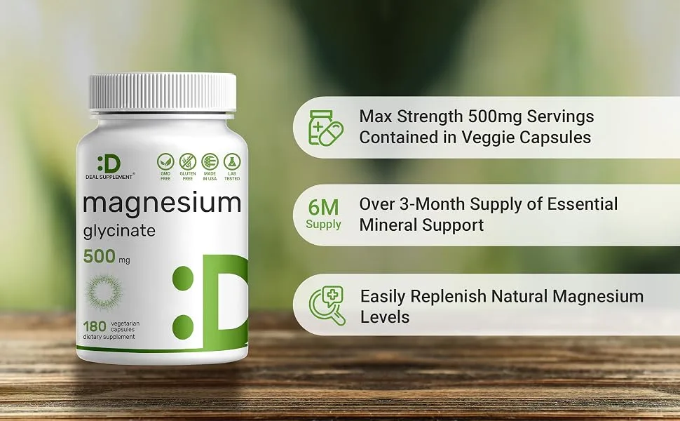 Magnesium Glycinate 500mg  180 Veggie Capsules | Chelated for Easy Absorption | Highly Purified Essential Trace Mineral for Muscle  Joint  Heart  & Digestive Health - Magnesium