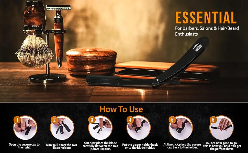 Utopia Care Professional Barber Straight Edge Razor Safety with 100-Pack Derby Blades - 100 Percent Stainless Steel (Black) - How to use Straight Razor