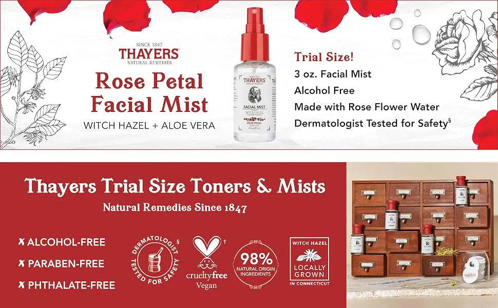 THAYERS Alcohol-Free Rose Petal Witch Hazel Facial Mist Toner - 3oz Rose Petal 3 Fl Oz (Pack of 1) - Thayers