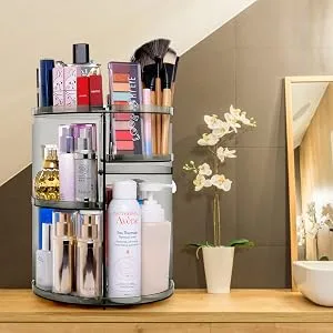 360 Degree Rotation Makeup Organizer Gray, Lazy Susan Cosmetics Storage Shelf Makeup Carousel Rotating Display Rack, Great for Countertop Bathroom Counter - Spinning Cosmetic organizer