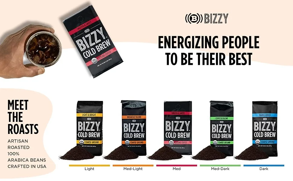 Bizzy Organic Cold Brew Coffee | Smooth & Sweet Blend | Coarse Ground Coffee | Micro Sifted | Specialty Grade | 100% Arabica | 2 LB Smooth & Sweet 2 Pound (Pack of 1) - bizzy coffee cold brew, energizing people to be their best