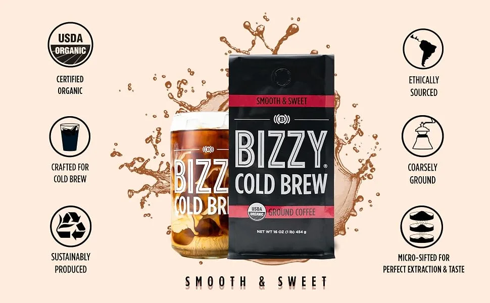 Bizzy Organic Cold Brew Coffee | Smooth & Sweet Blend | Coarse Ground Coffee | Micro Sifted | Specialty Grade | 100% Arabica | 2 LB Smooth & Sweet 2 Pound (Pack of 1) - bizzy cold brew coffee infographic