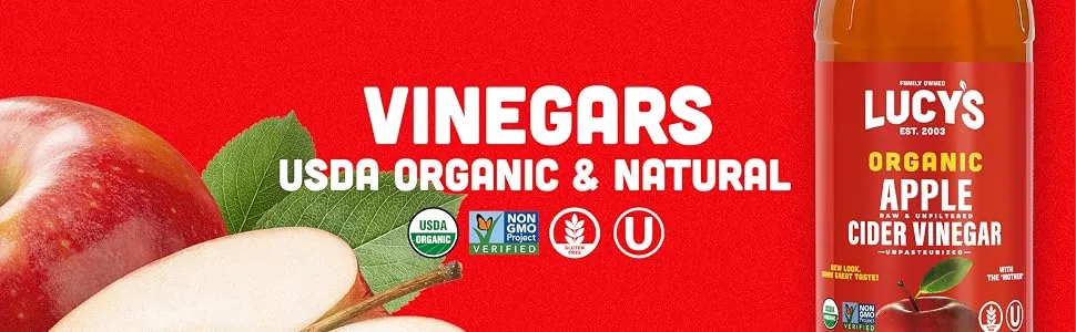 Lucy's Family Owned - USDA Organic NonGMO Raw Apple Cider Vinegar, Unfiltered, Unpasteurized, With the Mother, 34oz Glass Bottle (2 Pack) Organic Apple Cider Vinegar 34 Fl Oz (Pack of 2) - organic