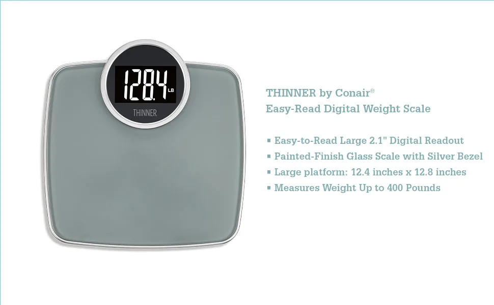 Thinner by Conair Extra-Large Easy-to-Read Digital Bathroom Scale, Measures Weight Up to 400 lbs. Digital - Silver - Easy-to-Read Large 2.1