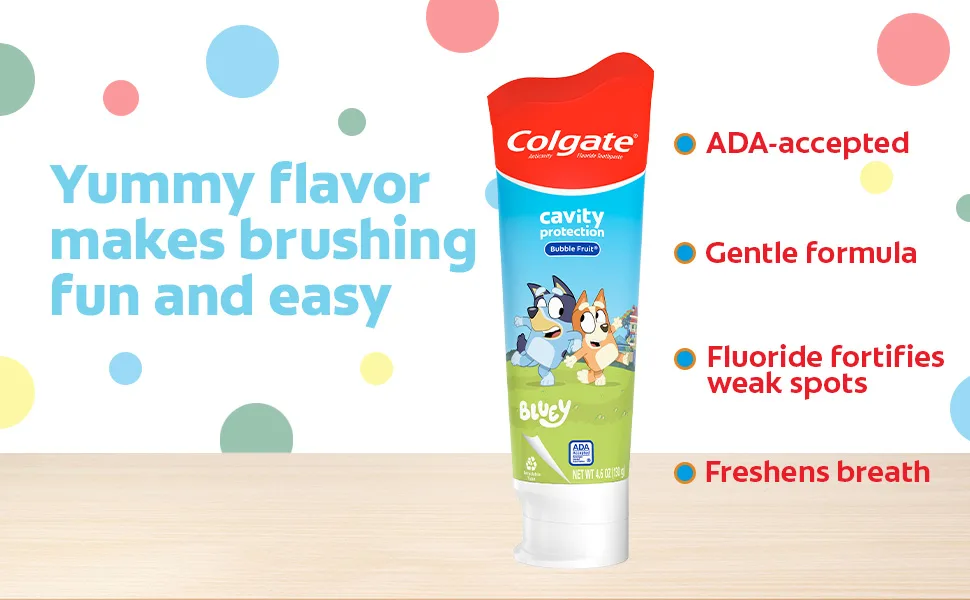 Colgate Kids Toothpaste with Fluoride, Anticavity & Cavity Protection Toothpaste, for Ages 2+, Bluey, Mild Bubble Fruit Flavor, 4.6 Ounce Bluey 1 Count - image