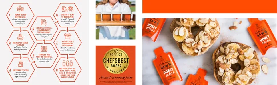 Nature Nate's Raw and Unfiltered Honey Minis Packets Single Serve, 9.8 Oz, 1 box of 20 packets. - Honey process that led to chefsbest award 2021