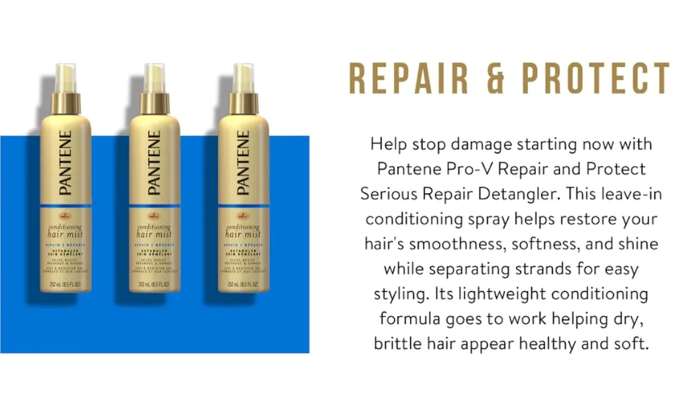 Pantene Conditioning Detangler Spray, Nutrient Boost, Pro-V Repair and Protect for Damaged Hair, 8.5 oz, 3 count (Packaging May Vary) - repair and protect conditioning spray detangler leave in conditioner mist hair treatment soften