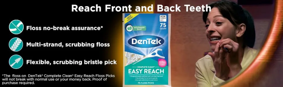 DenTek, Complete Clean Floss Picks 75 Floss Picks Pack of 3, 225 Count 75 Count (Pack of 3) - Dentek Complete Clean Easy Reach Floss Picks