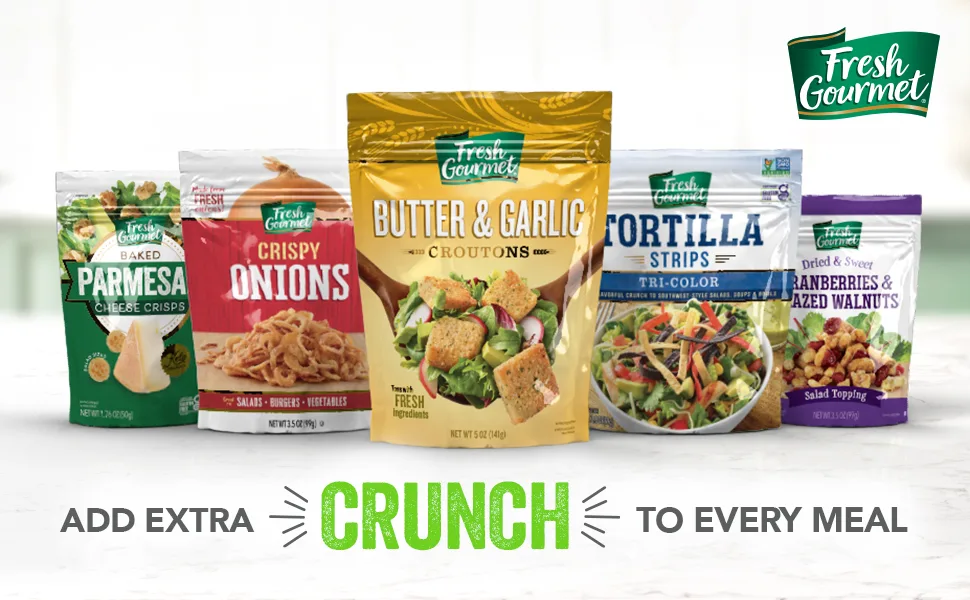Fresh Gourmet Authentic Wonton Strips | 1 Pound | Low Carb | Crunchy Snack and Salad Topper Wonton Strips Authentic 16 Ounce (Pack of 1) - cheese crisp croutons crispy veggies crunchy toppings fruit nuts salad dressing onion butter garlic