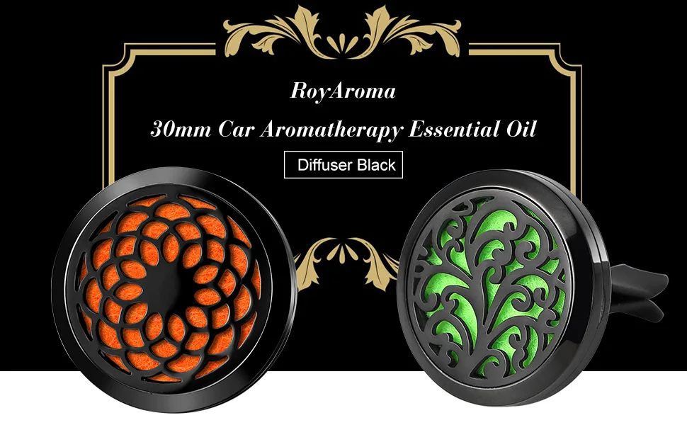 RoyAroma 2PCS 30mm Car Aromatherapy Essential Oil Diffuser Stainless Steel Black Locket with Vent Clip 12 Felt Pads Black a - essential oil vent clip