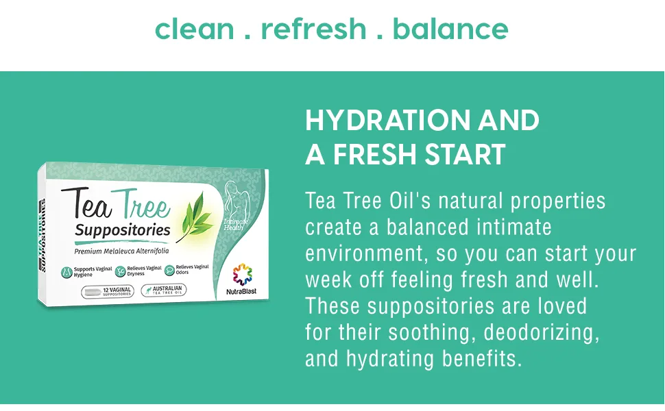 NutraBlast Tea Tree Oil Suppositories (12 Count) | All Natural Intimate Deodorant for Women | Restore Feminine pH Balance | Made in USA - clean refresh balance hydration refresh fresh soothe