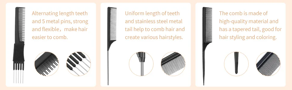 3 Pack Carbon Lift Teasing Combs with Metal Prong, Salon Teasing Back Combs Carbon Comb with Stainless Steel Lift (Black) - product information 2