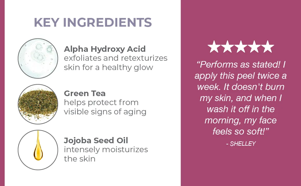 DERMA E Overnight Peel  Alpha Hydroxy Acid Face Mask for Acne Scars, Uneven Skin & Hyperpigmentation  Peel with AHAs Calms, Hydrates & Retexturizes, 2 fl oz - Ingredinets