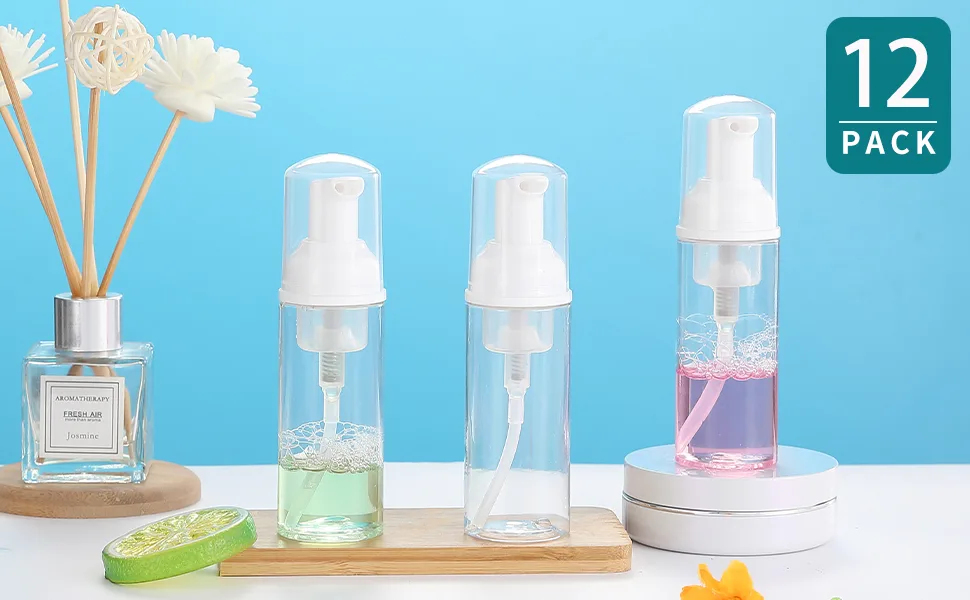 12 Pcs Empty Bottle Travel Soap Bottle | Plastic Foam Dispenser Bottle | Mini Foaming Soap Pump Dispenser for Cleaning, Travel, Cosmetics Packaging (50 ML) Clear - 12 Pcs Empty Soap Bottle