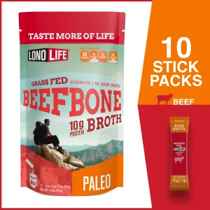 LonoLife - Beef Bone Broth Sticks - 10g Collagen Protein - Grass-Fed, Gluten-Free - Keto & Paleo Friendly - Portable Individual Packets - 10 count - 10 Stick Packs Beef Bone Broth