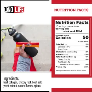 LonoLife - Beef Bone Broth Sticks - 10g Collagen Protein - Grass-Fed, Gluten-Free - Keto & Paleo Friendly - Portable Individual Packets - 10 count - Nutritional Facts