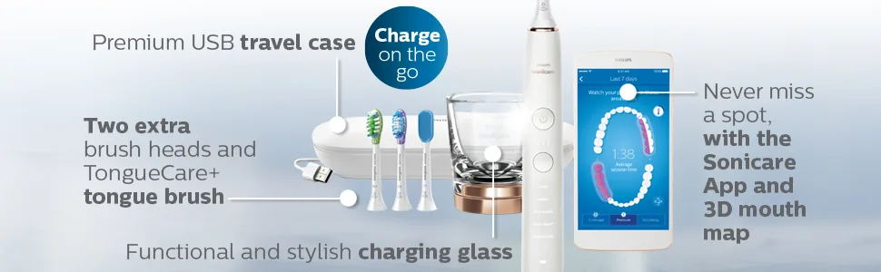 Philips Sonicare DiamondClean Smart 9500 Rechargeable Electric Power Toothbrush, Rose Gold, HX9924/61 - two extra brush heads premium usb travel case charging glass sonicare app