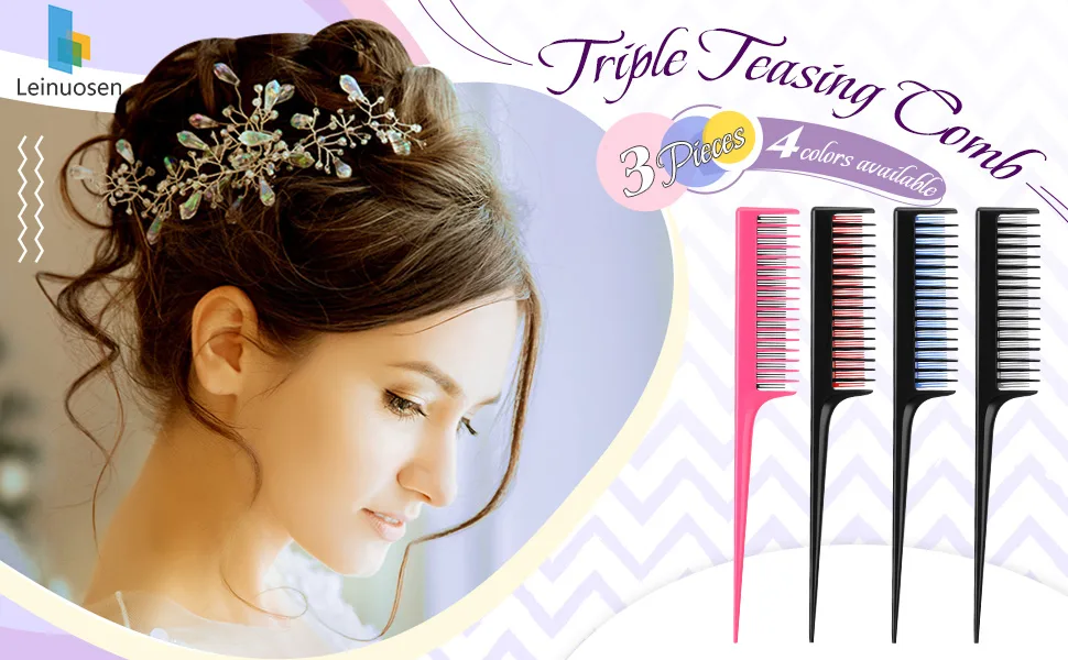 3 Piece Triple Teasing Comb, Rat Tail Combs for Women, Tool Structure Tease Layers Rattail Comb, Rat Tail Comb for Back Combing Root Teasing, Adding Volume, Evening Styling (Black and Red) - product information 1