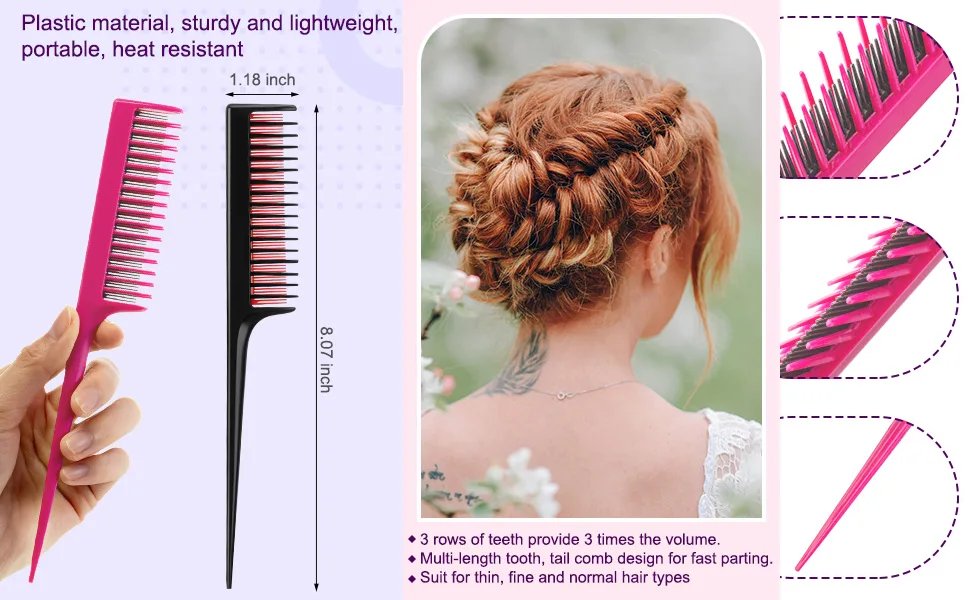 3 Piece Triple Teasing Comb, Rat Tail Combs for Women, Tool Structure Tease Layers Rattail Comb, Rat Tail Comb for Back Combing Root Teasing, Adding Volume, Evening Styling (Black and Red) - product information 2