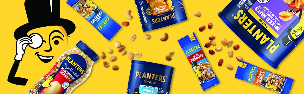 Planters Original Cheez Balls Cheese Flavored Snacks (6 ct Pack, 2.75 oz Canisters) Original (Pack of 6) - Birds eye view of Planters nuts with Mr. Peanut on yellow background