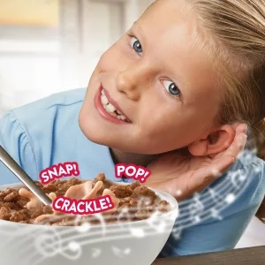 Kellogg's Rice Krispies Breakfast Cereal Bowls, Original, .63oz (96 Count) Original 0.63 Ounce (Pack of 96) - Snap Crackle and Pop make music with milk in a cereal bowl as a little girl listens and smiles