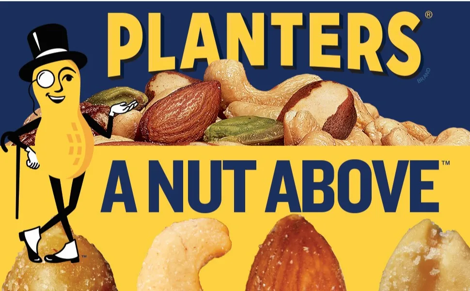 PLANTERS Salted Cocktail Peanuts, Party Snacks, Plant Based Protein 16oz (1 Canister) - Mr. Peanut on blue and yellow background, mixed nuts and text a nut above