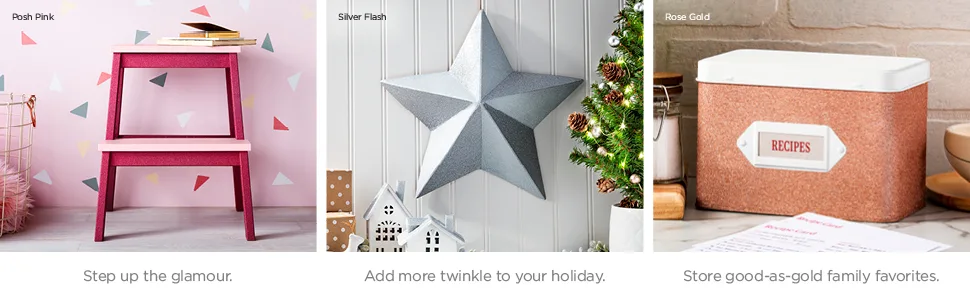 Krylon K03804A00 Glitter Blast Glitter Spray Paint for Craft Projects, Diamond Dust, 5.75 oz Diamond Dust 5.75 oz - Sprayed objects. Posh Pink step stool. Silver Flash star holiday wall hanging. Rose Gold recipe box.