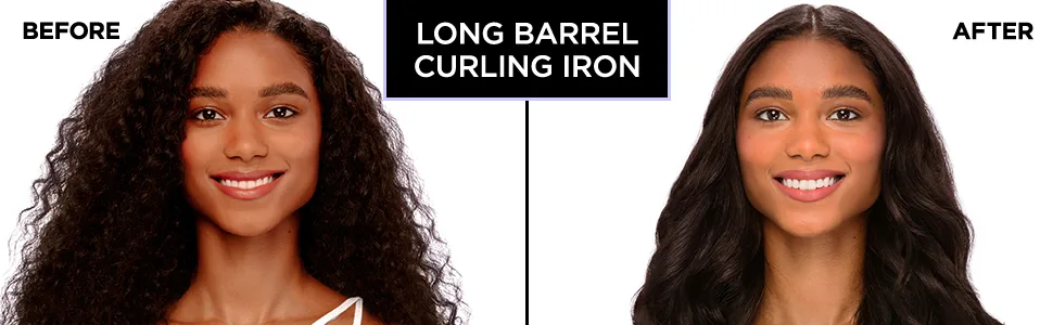 BIO IONIC Long Barrel Styler 1 Inch (Pack of 1) - before with frizzy curls, after with smooth, controlled curls