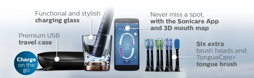 Philips Sonicare DiamondClean Smart 9700 Rechargeable Electric Power Toothbrush, Lunar Blue, HX9957/51 - six extra brush heads premium usb travel case charging glass sonicare app