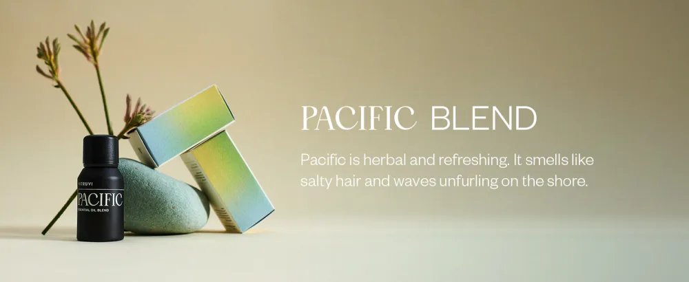 Vitruvi Pacific, Balance Essential Oil Blend, 100% Pure Amyris, Bergamot, Eucalyptus, Lavender and Basil Oil (0.5 fl.oz) - Pacific is herbal and refreshing. It smells like salty hair and waves unfurling on the shore.