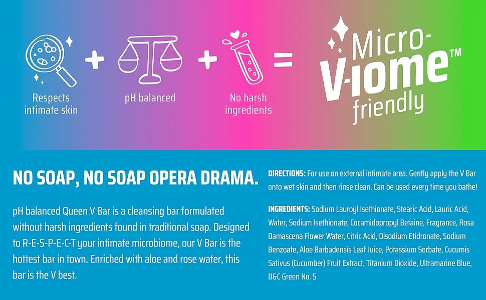 QUEEN V V Bar- Cleansing Bar, 3.5 oz, pH Balanced, Enriched with Aloe and Rose Water, For Use on External Intimate Area - microviome friendly. pH balanced. respects intimate skin.