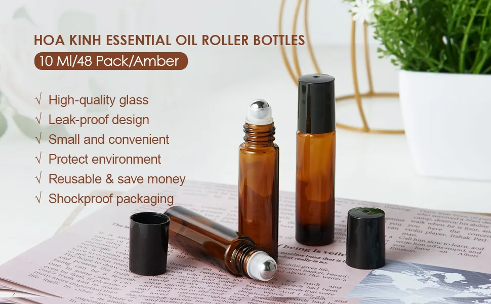 Essential Oil Roller Bottles, 48 Pack Hoa Kinh 10ml Empty Glass Amber Roller Bottles UV Protection with Stainless Steel Balls (10ml-48pack) Amber 48Pack - Essential Oil Roller Bottles