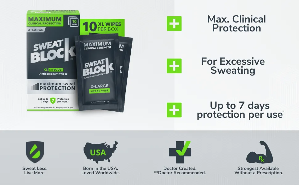 SweatBlock Maximum Strength Antiperspirant Sweat Wipes - For Excessive Sweat Protection - Extra Large - Up to 7 day protection per use - 10 Count - Unisex - SweatBlock XL antiperspirant wipes, maximum clinical strength for excessive sweating & hyperhidrosis