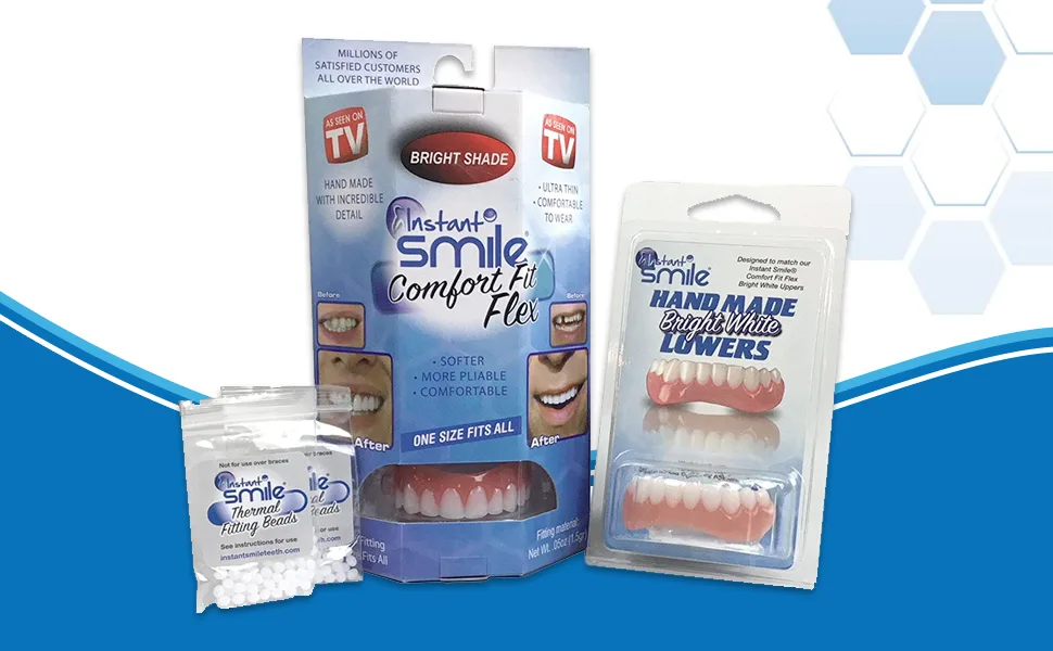 Instant Smile Comfort Fit Flex Teeth - Upper and Lower Matching Set, Bright White Shade! Fix Your Smile at Home Within Minutes! 4 Piece Set - Instant Smile Comfort Fit Flex Teeth - Upper and Lower Matching Set, Bright White Shade! Fix Your
