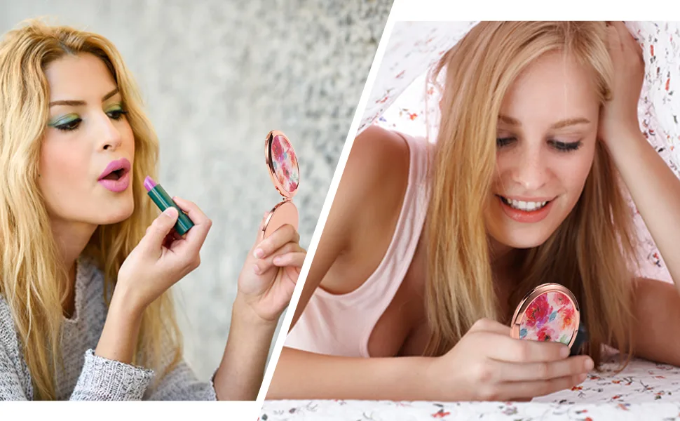 Dynippy Compact Mirror Round Rose Gold 2 x 1x Magnification Makeup Mirror for Purses and Travel Folding Mini Pocket Mirror Portable Hand for Girls Woman Mother - Red Rose A-red Rose - Rose Gold Compact Mirror
