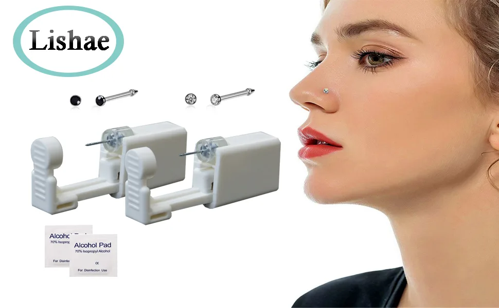 Lishae 2 PCS 20G Self Nose Piercing Kit - Disposable Nose Piercing Gun With Nose Stud 2mm White&Black - nose piercing kit