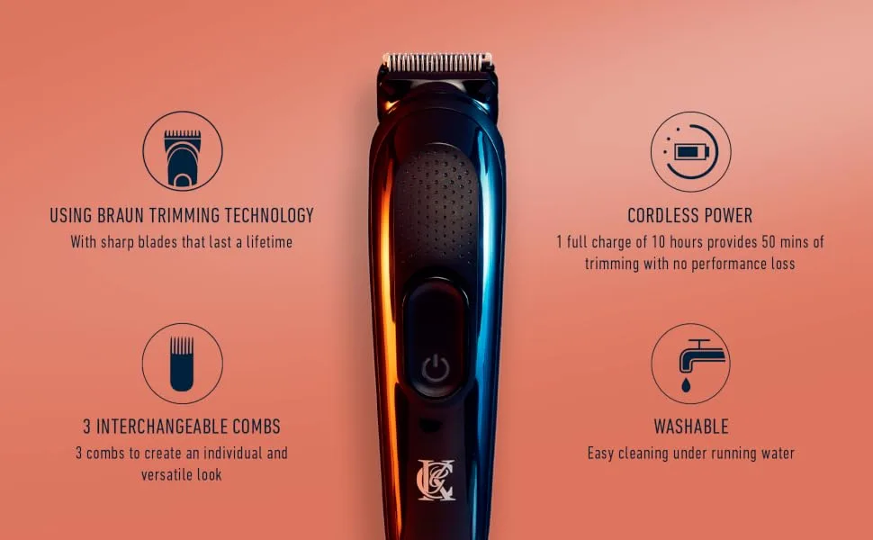 King C. Gillette Cordless Beard Trimmer for Men, Kit includes 1 Trimmer, 3 Interchangeable Combs, 1 Cleaning Brush, 1 Charger, 1 Travel Bag, BLUE - beard trimmer