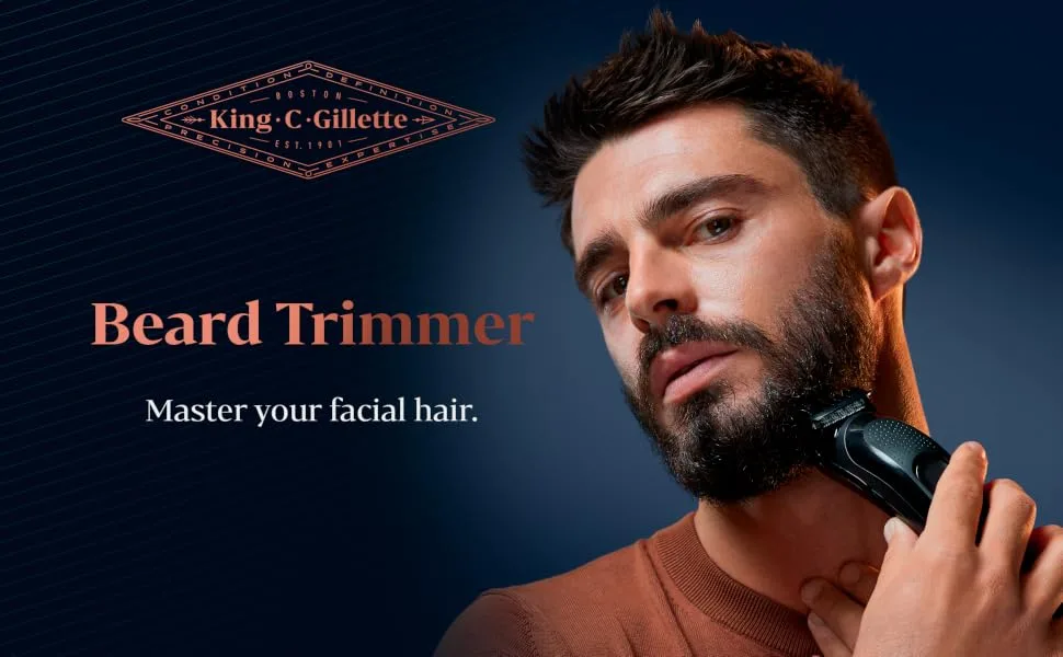 King C. Gillette Cordless Beard Trimmer for Men, Kit includes 1 Trimmer, 3 Interchangeable Combs, 1 Cleaning Brush, 1 Charger, 1 Travel Bag, BLUE - king c gillette beard trimmer