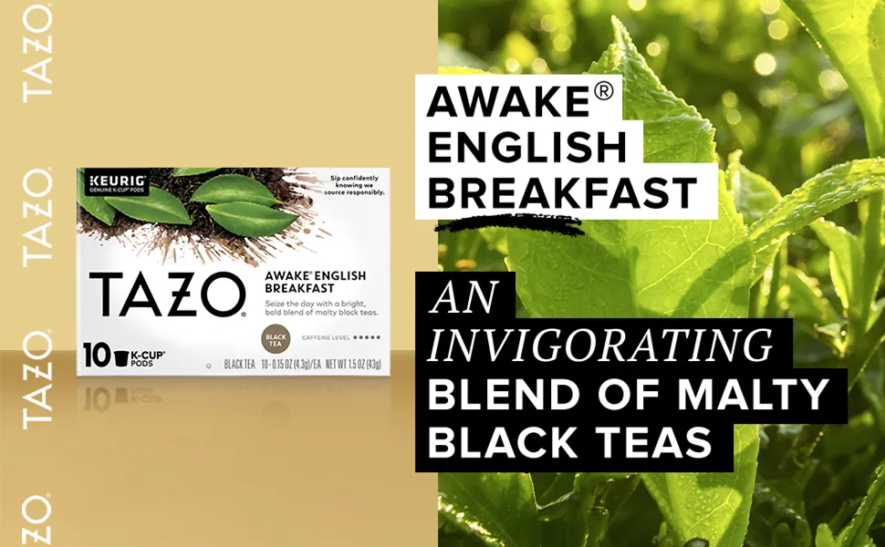 TAZO K-Cups for Bold Traditional Breakfast-Style Black Tea, 22 Tea Bags 22 Count - HED: Awake BODY: AN INVIGORATING BLACK TEA BLEND VISUAL: Tazo Awake K-Cup box with ingredient